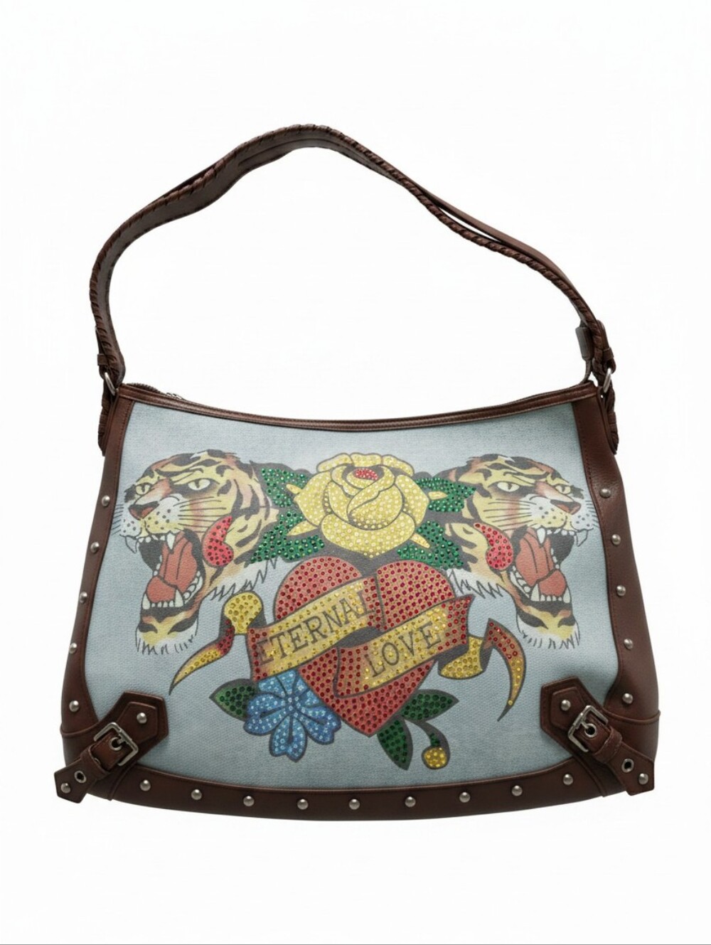 Ed Hardy Vintage Brown Graphic Shoulder Bag Rhinestones Floral & Tiger Motif - Picture 2 of 11